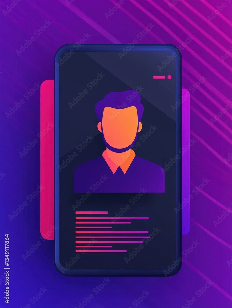 Poster a vibrant smartphone display showcasing an avatar with data elements, representing digital identity 