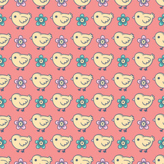 Easter chicken. Seamless vector pattern for fabric design, wrapping paper, wallpapers.  Hand drawn.
