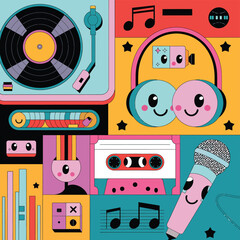 Obraz premium 2d vector illustration icon cool entertainment cartoon character music tools (Drum , Music Note , Headphones ,Microphone , Piano , Guitar ,Record) 