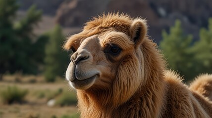 Fototapeta premium Close-up of a camel's head and neck. Desert landscape in the background