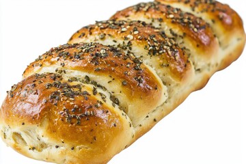 Fresh baked braided bread with seasoning on top in studio with white background and high angle view ready for holiday brunch