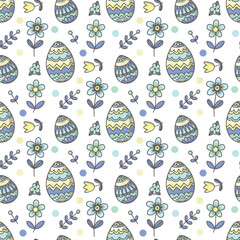 Easter eggs and flowers. Seamless vector pattern for fabric design, wrapping paper, wallpapers.  Hand drawn.