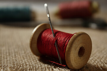 Sewing and tailoring concept. Spool of thread with needle