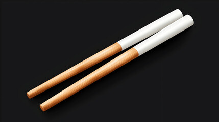 Pair of Brown Wooden Chopsticks with White Tips on Dark Background