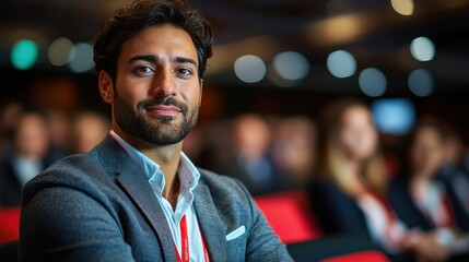 Fototapeta premium Confident speaker at a business conference. Attentive audience in the background