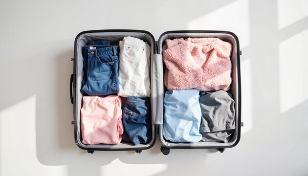 Neatly packed suitcase with colorful clothing in minimalist room, organization