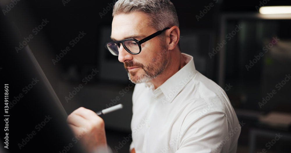 Poster Drawing, engineer and man with paper at night for design, property development and building. Creative designer, architecture and worker with blueprint, floor plan and sketching for structure in dark