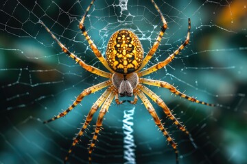 Obraz premium Close-up of a spider on its web, detailed texture. Perfect for nature, wildlife, or science projects.