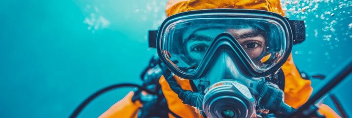 Underwater Exploration: Diver in Full Gear Amidst Bubbles