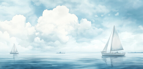 A watercolor painting of sailboats on the blue sea, with white clouds in the sky