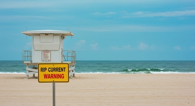 Beach Scene with Lifeguard Tower and Rip Current Warning Sign