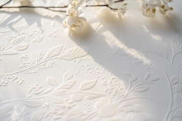 Elegant white on white floral embossed paper design with subtle light and soft shadows from flower branch