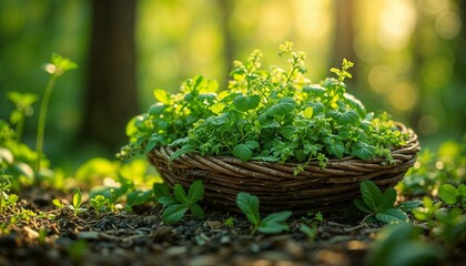 Fresh herbs in a woven basket on a forest floor at sunset  