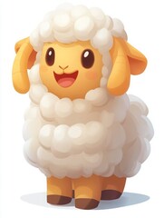A cartoon sheep with a big smile on its face. Cute animal, a simple flat illustration, with minimal details and white background