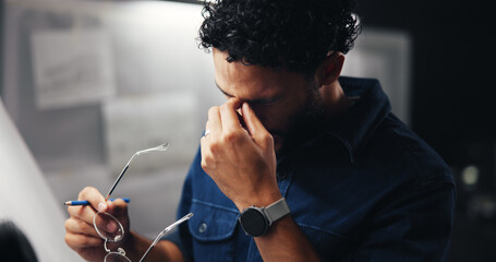 Frustrated, businessman or night with glasses for eye strain, pressure or overworked at office....