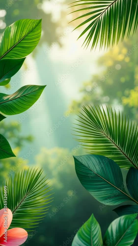 Poster a leafy green background with a red flower in the foreground. the background is filled with green le