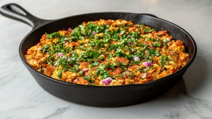 Shakshuka in Cast Iron Pan Close Up on Marble Tabletop Freshly Prepared Authentic Culinary Meal