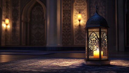 Ornate Metal Lantern with Candle on Prayer Rug in Mosque