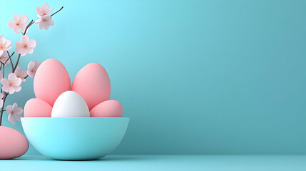 Fototapeta premium Pastel Pink and White Easter Eggs in Blue Bowl with Cherry Blossoms