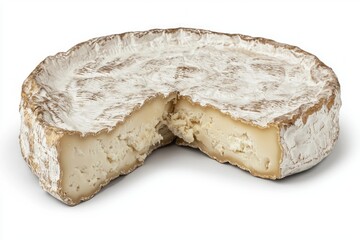 Creamy and Delicate Camembert Cheese Wheel with Slice Removed Revealing Soft Interior on Bright Background Food Photography