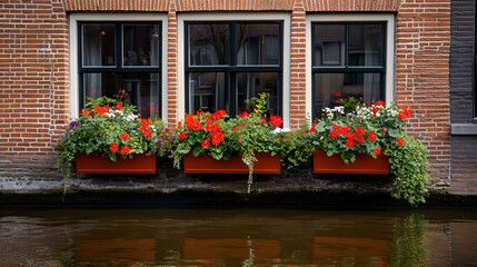 Fototapeta premium Dutch canal house brick facade tall narrow windows vibrant flower boxes historic European architecture picturesque waterfront charming Amsterdam scenic reflection timeless beauty wallpaper home brown