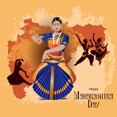 Maharashtra Day Art – Elegant Woman Performing Bharatanatyam, State Map & Traditional Dance Forms – Perfect for Social Media, Posters, Festival Designs, and Heritage Promotions.
