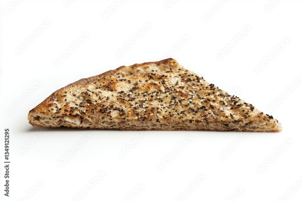 Poster slice of zaatar bread on pristine white surface showcasing its golden crust and sesame seed topping