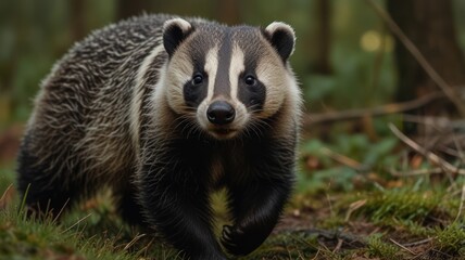 Obraz premium Badger in forest. A badger walks confidently through a mossy forest floor. Its distinctive markings are prominent