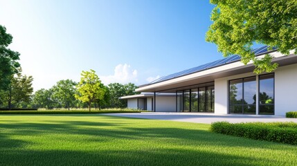 A modern house with large glass windows surrounded by lush greenery and a clear blue sky, showcasing an eco-friendly design, sustainable living lifestyle.