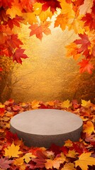 A podium standing in a colorful autumn forest, covered in fallen red, orange, and yellow leaves