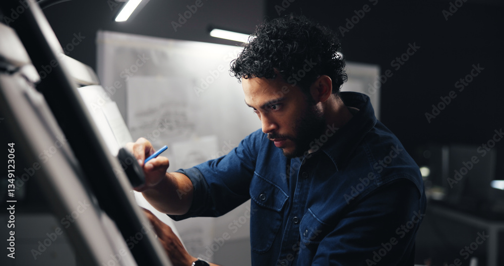 Poster night, designer or man with project for drawing, sketching or editing with artistic skills in office