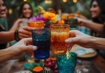 Friends celebrating with colorful glasses at a lively outdoor gathering during a summer evening