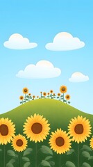 A podium sitting on a peaceful hilltop, surrounded by gently swaying sunflowers under a bright blue sky