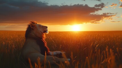 Majestic lion resting in golden savanna sunset