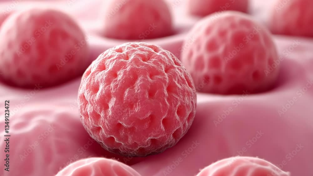 Poster close-up view of pink cells showcasing intricate textures and structures under microscopic examinati