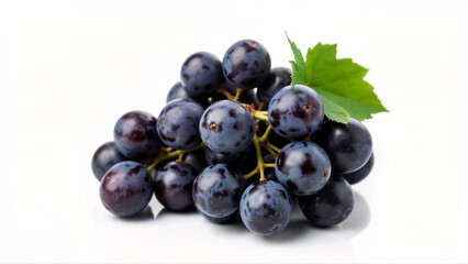 Fresh and Juicy violet Grapes with Green Leaves isolated  on a white Background