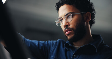 Artist, designer or man with craft for drawing, sketching or editing picture with skills in office overtime. Deadline, night or illustrator with illustration, industrial draft or creative process