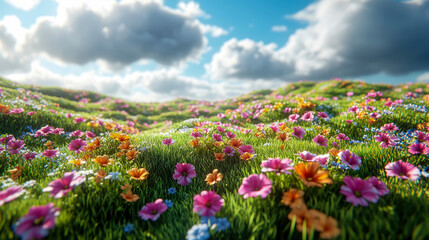 A whimsical spring meadow with vibrant blooms: A floral paradise under a cloudy sky, illustration for botanical art, print and postcard.