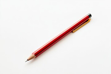 Red Pencil with Gold Clip Lying on White Background for Writing