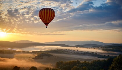 Fototapeta premium Serene scene of a hot air balloon gently floating over rolling hills, peaceful landscape at sunrise, dreamy aerial view, tranquil nature atmosphere
