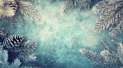 Frosty pine branches and cones on a textured blue background, winter holiday backdrop.