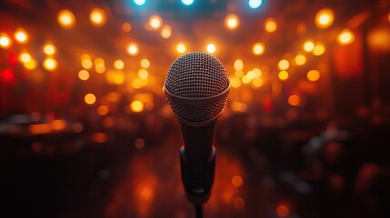 Ready for a singer or comedian, a microphone stands on stage, blurred lights and smoke dramatically backdrop the performance.