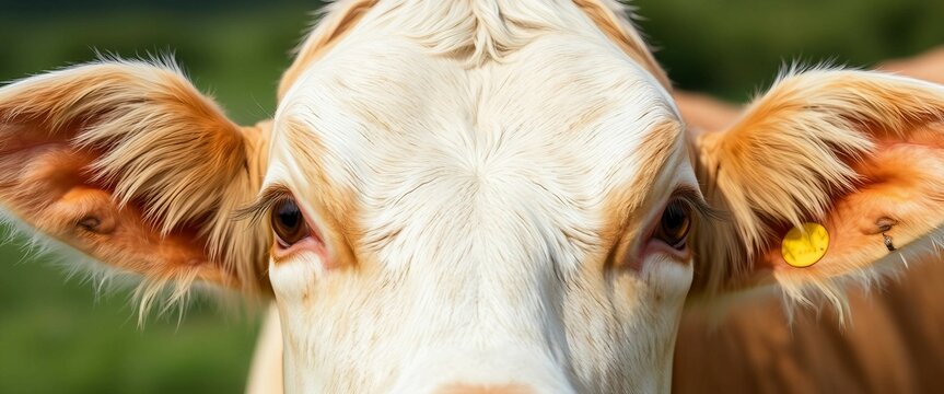 Nahaufnahme einer Kuh mit gro&szlig;en Augen und Ohrmarke, ideal f&uuml;r Tierfotografie und Naturdesigns.