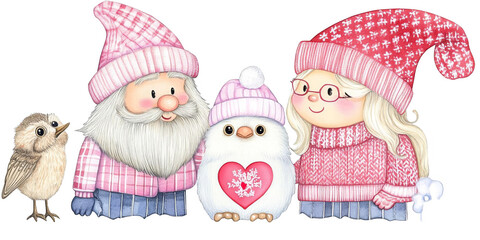 Cute Cartoon Christmas Illustration Depicting a Winter Holiday Family Featuring a Gnome Penguin and Bird with Pink and Red Festive Outfits and White Snow Background
