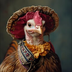 Unique turkey wearing a decorative hat and colorful accessories in a whimsical portrait setting
