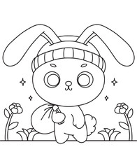 Coloring book cute rabbit wearing snow hat and bring gift bag