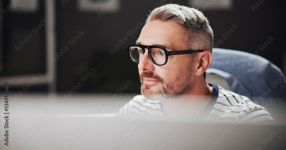 Poster office, mature businessman and reading with computer for developer, software update and thinking. ni