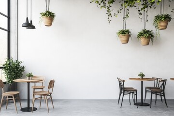 Modern cafe interior with hanging plants and blank wall