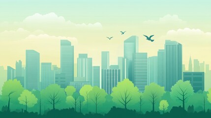 Cityscape with trees, tranquil morning, urban green, background