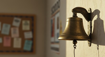 Antique School Bell Hanging on Wall with Notice Board in Background